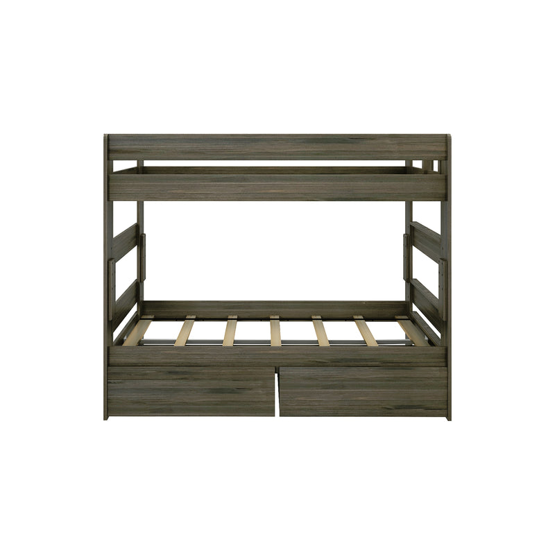Gray wood bunk bed frame with slatted mattress support and built-in storage drawers