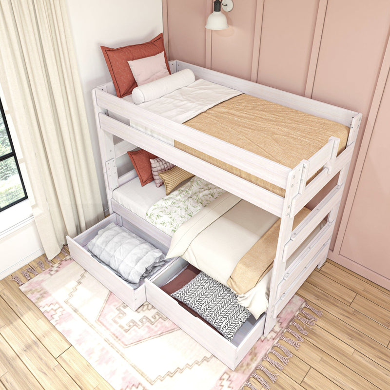 White wooden bunk bed with built-in pull-out storage drawers in a kids' bedroom, neutral boho bedding, rust-pink accent pillows and floor-length curtains