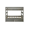 Gray weathered wood twin loft bed frame with top guardrail, ladder sides, wooden slats and two built-in drawers