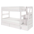 White wooden bunk bed with built-in storage stairs, under-bed drawers and safety rails — space-saving loft bed for kids' bedrooms