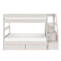 White wooden loft bunk bed with top bunk, staircase and built-in under-bed storage drawers, modern kids bedroom furniture