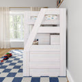 White wooden kids loft bunk bed in bright children's bedroom with blue checkered rug, toy cars and sheer curtains
