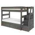 Gray wooden two-tier bunk bed with built-in staircase, side guardrails, and under-bed storage drawers in a modern rustic finish