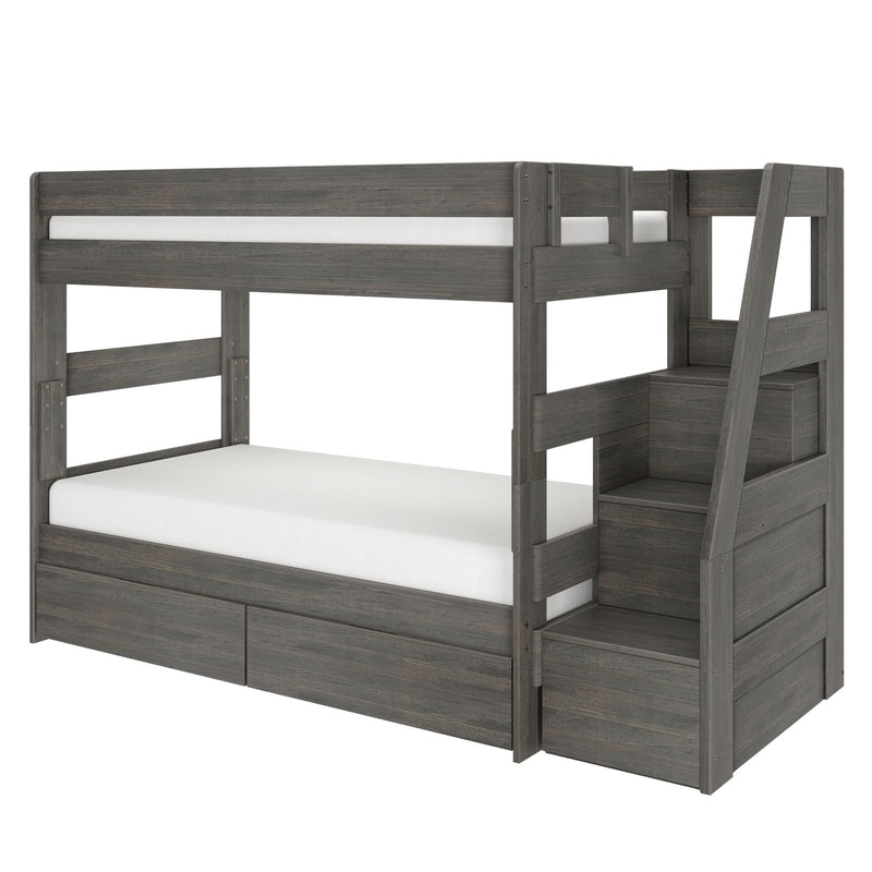 Gray wooden two-tier bunk bed with built-in staircase, side guardrails, and under-bed storage drawers in a modern rustic finish