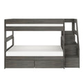 Gray wooden twin-over-full bunk bed with built-in storage drawers and staircase, space-saving modern rustic loft bed for kids' bedrooms