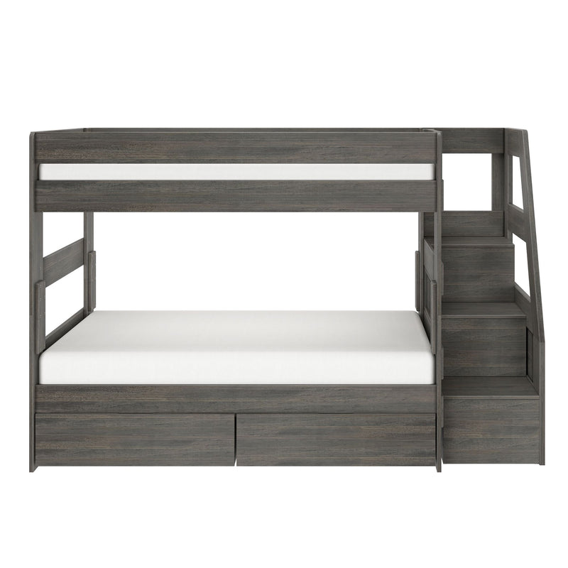Gray wooden twin-over-full bunk bed with built-in storage drawers and staircase, space-saving modern rustic loft bed for kids' bedrooms