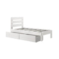 White wooden twin/single bed frame with slatted headboard and under-bed storage drawers, modern minimalist kids' bedroom furniture