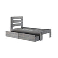Modern grey wooden platform bed frame with slatted headboard and built-in under-bed storage drawers