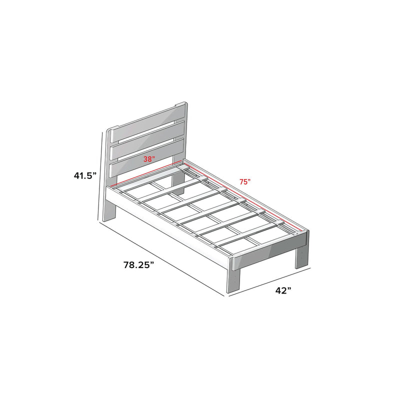 Twin wooden platform bed frame with slatted headboard and internal slat supports, annotated dimensions: 41.5 in headboard height, 38 in mattress width, 75 in mattress length, 78.25 in overall length, 42 in overall width.