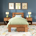 Cozy bedroom interior with wooden bed and light green bedding, floral area rug, blue paneled wall, three framed botanical prints, green bedside lamps on wooden nightstands