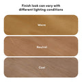 Wood floor finish samples labeled Warm, Neutral, and Cool illustrating how wood finish color varies under different lighting conditions