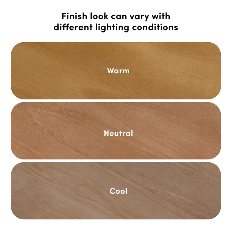 Wood floor finish samples labeled Warm, Neutral, and Cool illustrating how wood finish color varies under different lighting conditions