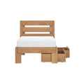 Natural wood platform bed with slatted headboard and pull-out under-bed storage drawers, white mattress