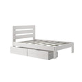 White wooden storage platform bed with horizontal slatted headboard, slatted base and built-in under-bed drawers, modern minimalist bedroom furniture