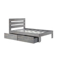Gray wood platform bed frame with slatted headboard and built-in under-bed storage drawers in a modern rustic finish
