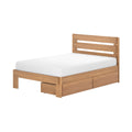 Twin solid wood bed frame in natural oak with slatted headboard, white mattress, and built-in underbed storage drawers