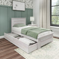 Twin bed with under-bed storage in whitewashed wood against a sage green board-and-batten accent wall, green bedding, white nightstand with lamp, botanical wall art, beige curtains and hardwood floors