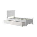 White wooden storage platform bed frame with headboard and two under-bed drawers, slatted base, modern design