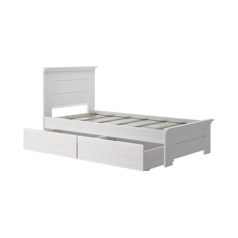 White wooden storage platform bed frame with headboard and two under-bed drawers, slatted base, modern design