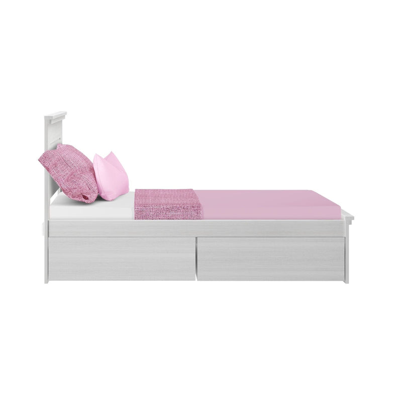 White wooden twin platform bed with pink bedding and pillows, textured throw and built-in under-bed storage drawers, modern kids' bedroom decor