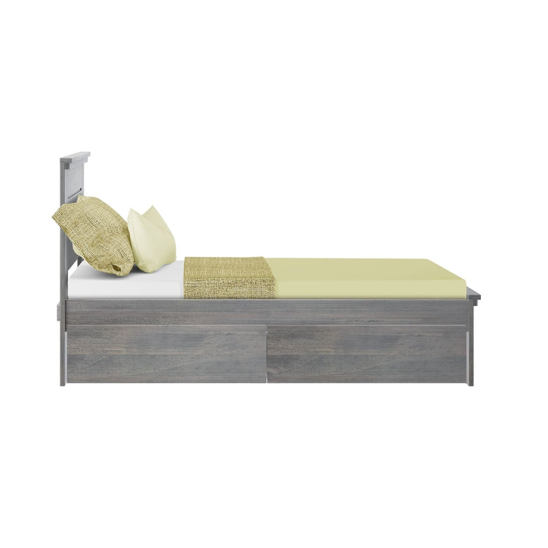 Grey wooden single bed with sage-green sheets, textured throw and pillows, modern bedroom frame with under-bed storage drawers