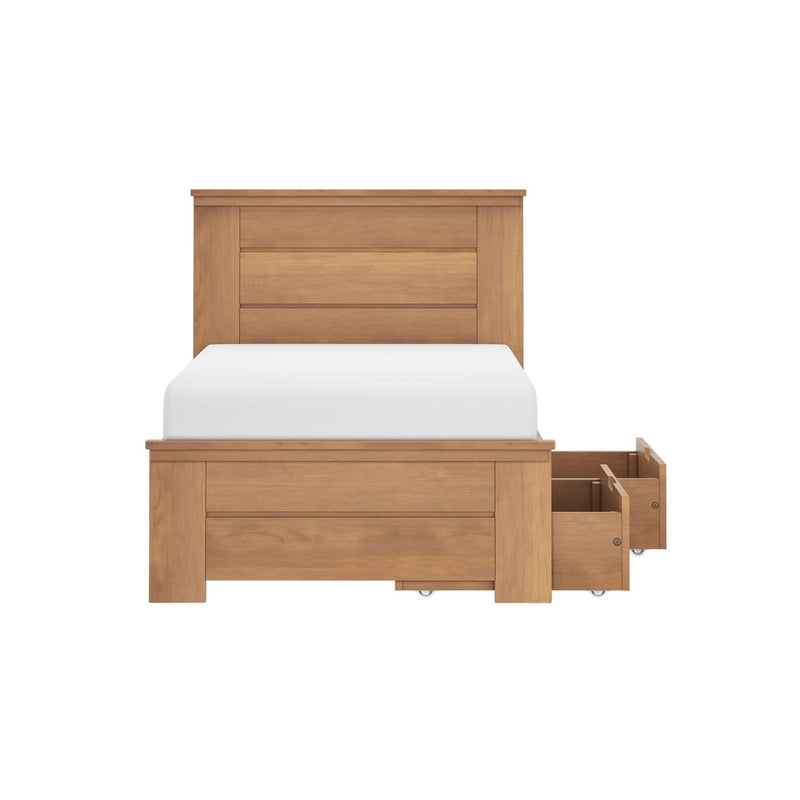 Oak platform storage bed with headboard and under-bed pull-out drawers on casters, white mattress