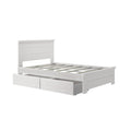 White wooden platform bed frame with headboard, slatted base and two under-bed storage drawers, modern bedroom furniture