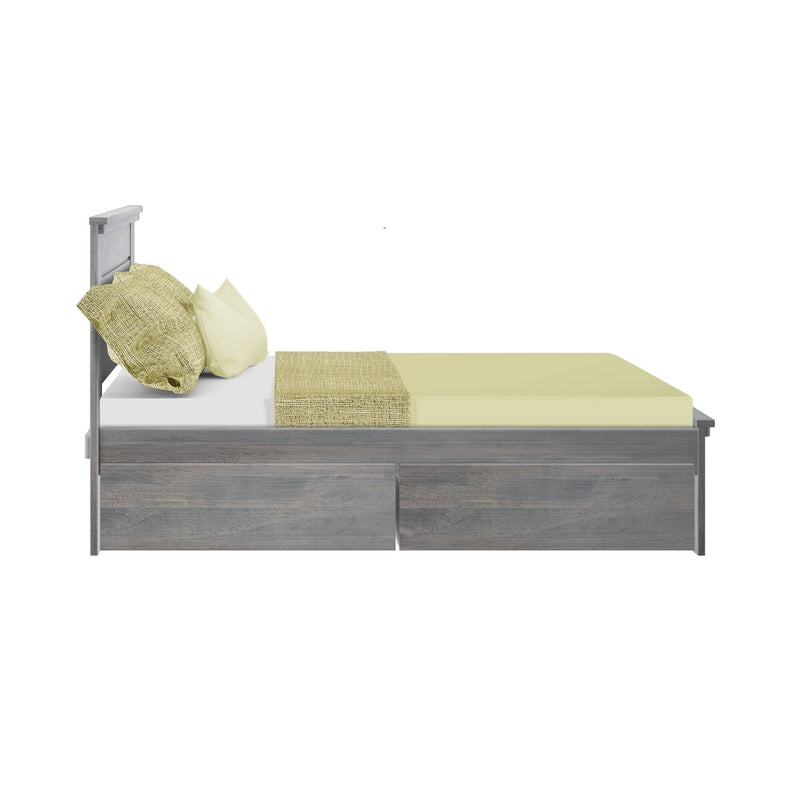 Gray wooden platform bed with sage green duvet and textured pillows, built-in under-bed storage drawers, modern minimalist bedroom furniture