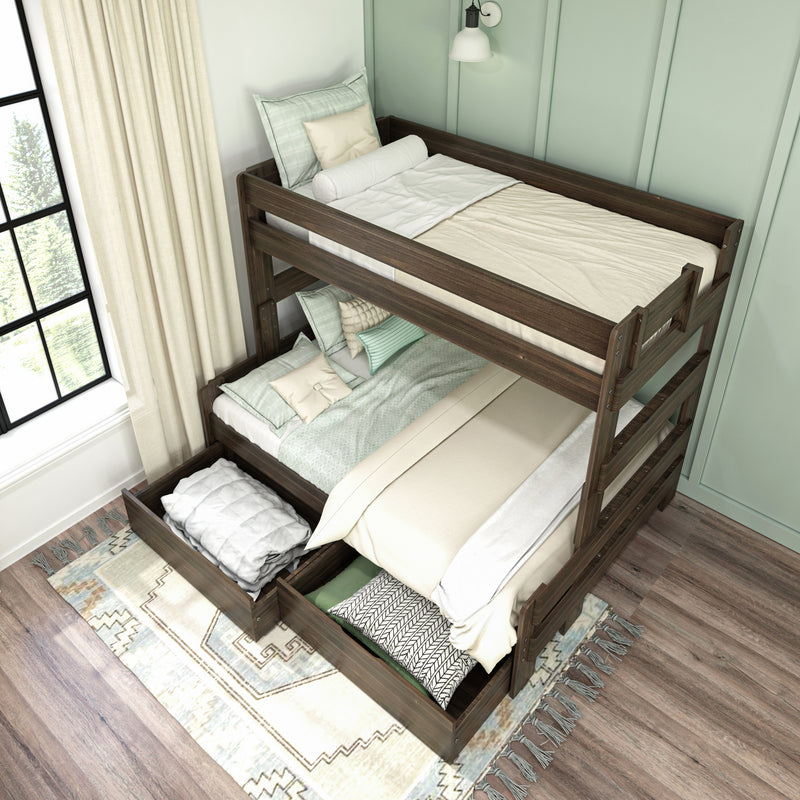 Dark wood bunk beds with twin-over-full mattresses, neutral bedding and pull-out storage drawers in a light green modern farmhouse kids' room
