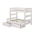 White wooden loft bunk bed with guardrails, slatted mattress support and two pull-out storage drawers — modern kids' bedroom furniture