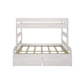 White wooden loft bed frame with slatted mattress base and built-in storage drawers, modern children's bunk bed for small bedrooms
