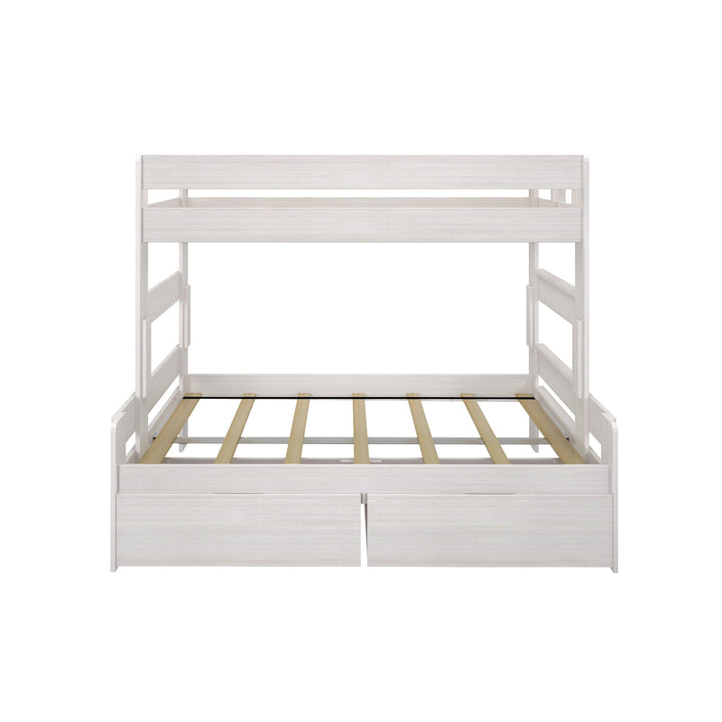 White wooden loft bed frame with slatted mattress base and built-in storage drawers, modern children's bunk bed for small bedrooms