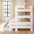 Whitewashed wooden bunk bed with under-bed storage drawers in a neutral kids' bedroom with pink accent wall, linen curtains and large window