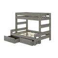Rustic gray wooden loft-style bunk bed frame with top safety rails, slatted lower bed base and two under-bed storage drawers