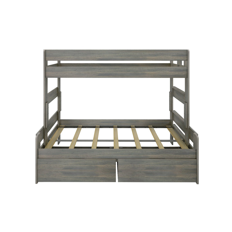 Gray wooden twin-over-full bunk bed frame with slatted mattress support and built-in storage drawers, rustic farmhouse finish