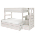 Whitewashed wooden twin-over-full bunk bed with built-in staircase and under-bed storage drawers, space-saving kids bedroom loft bed