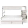 Whitewashed wooden loft bunk bed with built-in staircase and under-bed storage drawers, twin-over-full platform bed for kids' bedroom