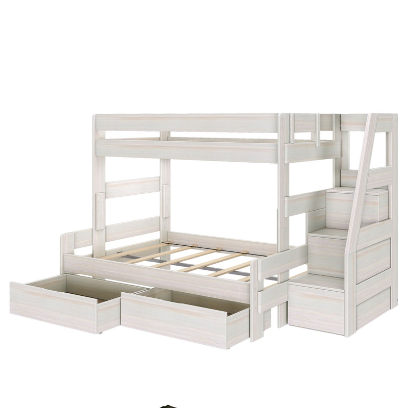 Whitewashed wooden loft bunk bed with built-in staircase and multiple under-bed pull-out storage drawers, slatted bed frame and space-saving kids' bedroom furniture