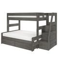 Gray wood twin-over-full bunk bed with staircase, built-in storage drawers and modern farmhouse style