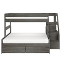 Gray wood twin-over-full bunk bed with staircase and built-in storage drawers, guardrails, and modern rustic finish