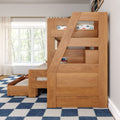 Natural wood bunk bed with angled ladder, built-in storage drawers and pull-out trundle in a children’s bedroom with car-print bedding, blue checkered rug and sheer window curtains