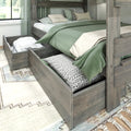 Grey weathered wooden bunk bed with under-bed storage drawers and trundle, green duvet and patterned pillows for modern bedroom decor