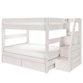 White wooden bunk bed with built-in staircase storage and under-bed drawers, space-saving loft bed for kids' bedroom