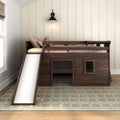 Wooden loft bed with slide in kids' modern farmhouse bedroom, beige shiplap wall, wall sconce, pink pillows and stuffed bunny