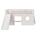 Whitewashed wooden kids loft bed with slide, upper safety rails and playhouse-style lower windows — children's loft bunk bed