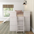 Whitewashed kids loft bed with ladder and blush pink bedding, brown plaid Roman shade over window, black wall sconce and neutral farmhouse bedroom decor