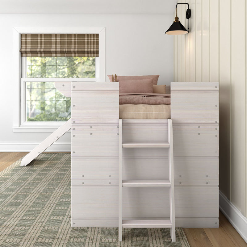 Whitewashed kids loft bed with ladder and blush pink bedding, brown plaid Roman shade over window, black wall sconce and neutral farmhouse bedroom decor