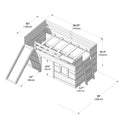 Diagram of a wooden kids' loft bed with slide and ladder, playhouse-style bunk with labeled dimensions (inches/cm) for children's bedroom
