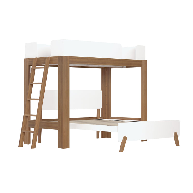 Modern natural wood loft bed with ladder and white guardrails — space-saving twin bunk bed for kids, contemporary oak‑finish frame