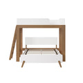 Modern wooden loft bed frame with white guardrails and ladder, slatted mattress support and mid-century-inspired legs